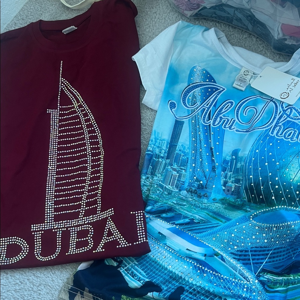 Dubai and Abu Dhabi Graphic Tees - Red and white sparkly 2 shirt Bundle
